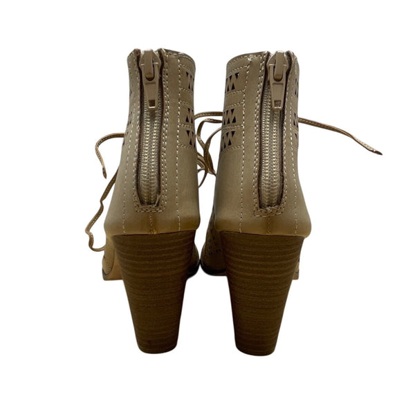 Restricted Womens Beige Peep-Toe Lace-Up Back Zipper Heeled Sandals Sz 8.5