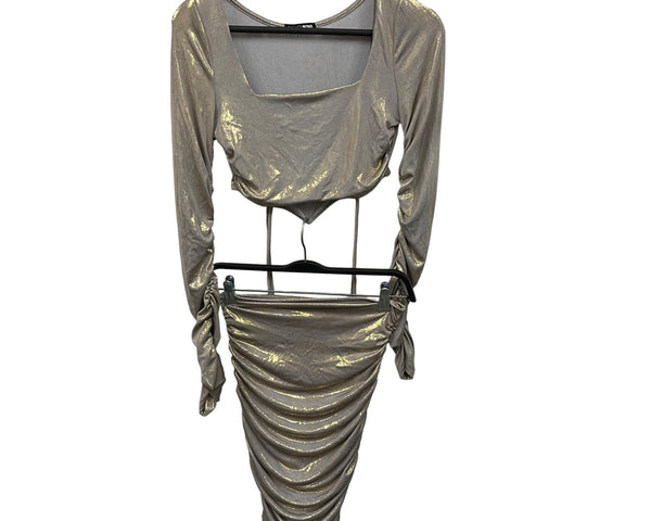 Fashion Nova Women Gold Metallic 2-Piece Long Sleeve Crop Top & Ruched Midi Skirt