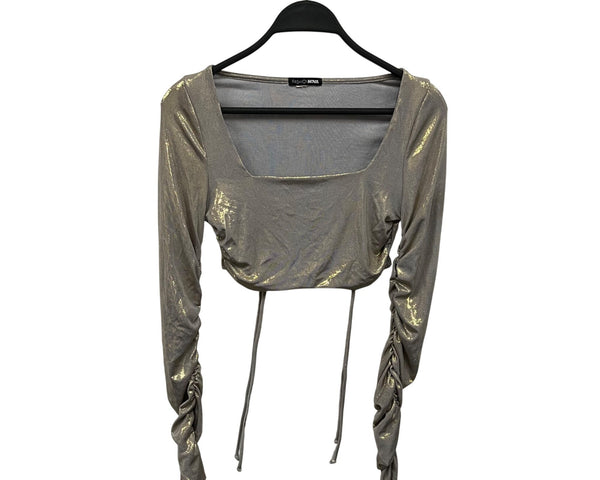 Fashion Nova Women Gold Metallic 2-Piece Long Sleeve Crop Top & Ruched Midi Skirt