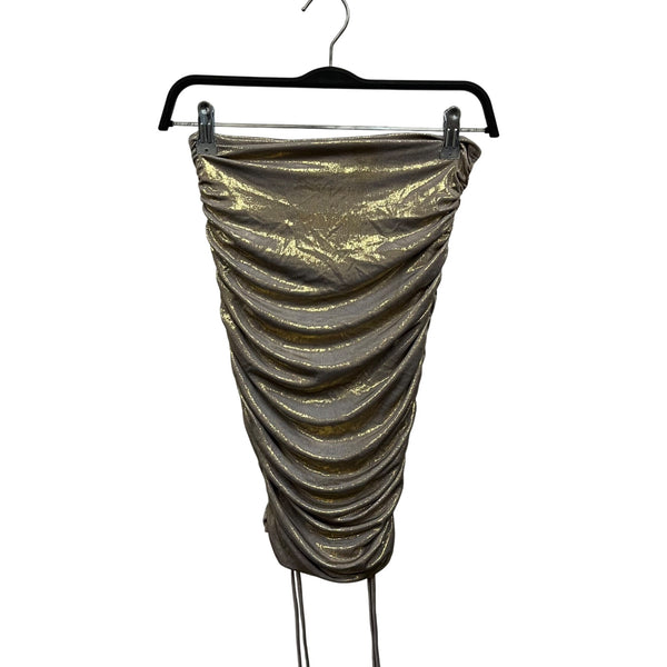 Fashion Nova Women Gold Metallic 2-Piece Long Sleeve Crop Top & Ruched Midi Skirt