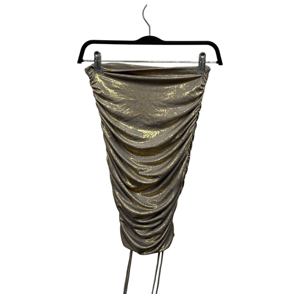 Fashion Nova Women Gold Metallic 2-Piece Long Sleeve Crop Top & Ruched Midi Skirt