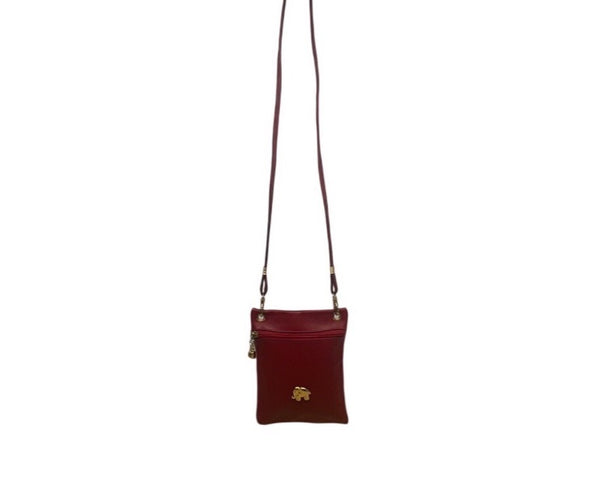 Gold Elephant Charm Red Faux Leather Crossbody Bag with Adjustable Strap Sz S