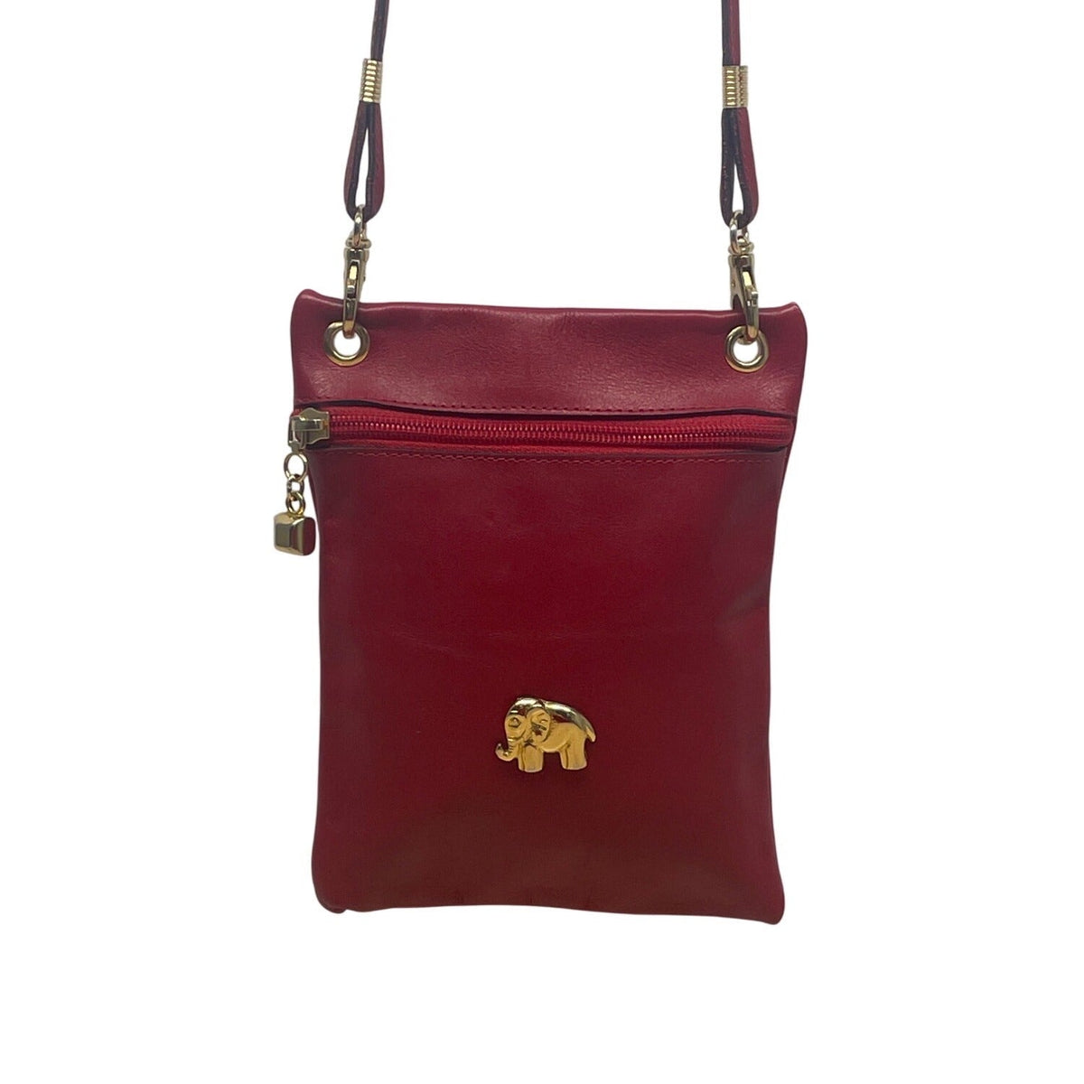 Gold Elephant Charm Red Faux Leather Crossbody Bag with Adjustable Strap Sz S
