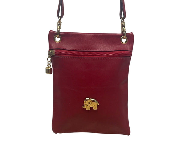 Gold Elephant Charm Red Faux Leather Crossbody Bag with Adjustable Strap Sz S