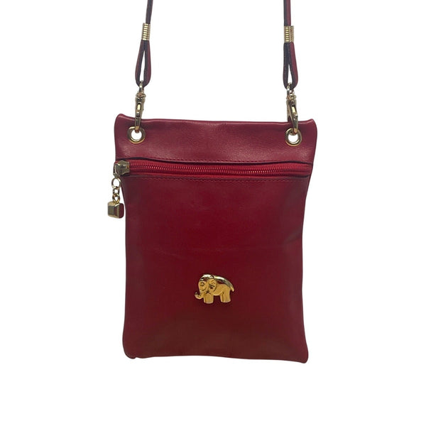 Gold Elephant Charm Red Faux Leather Crossbody Bag with Adjustable Strap Sz S