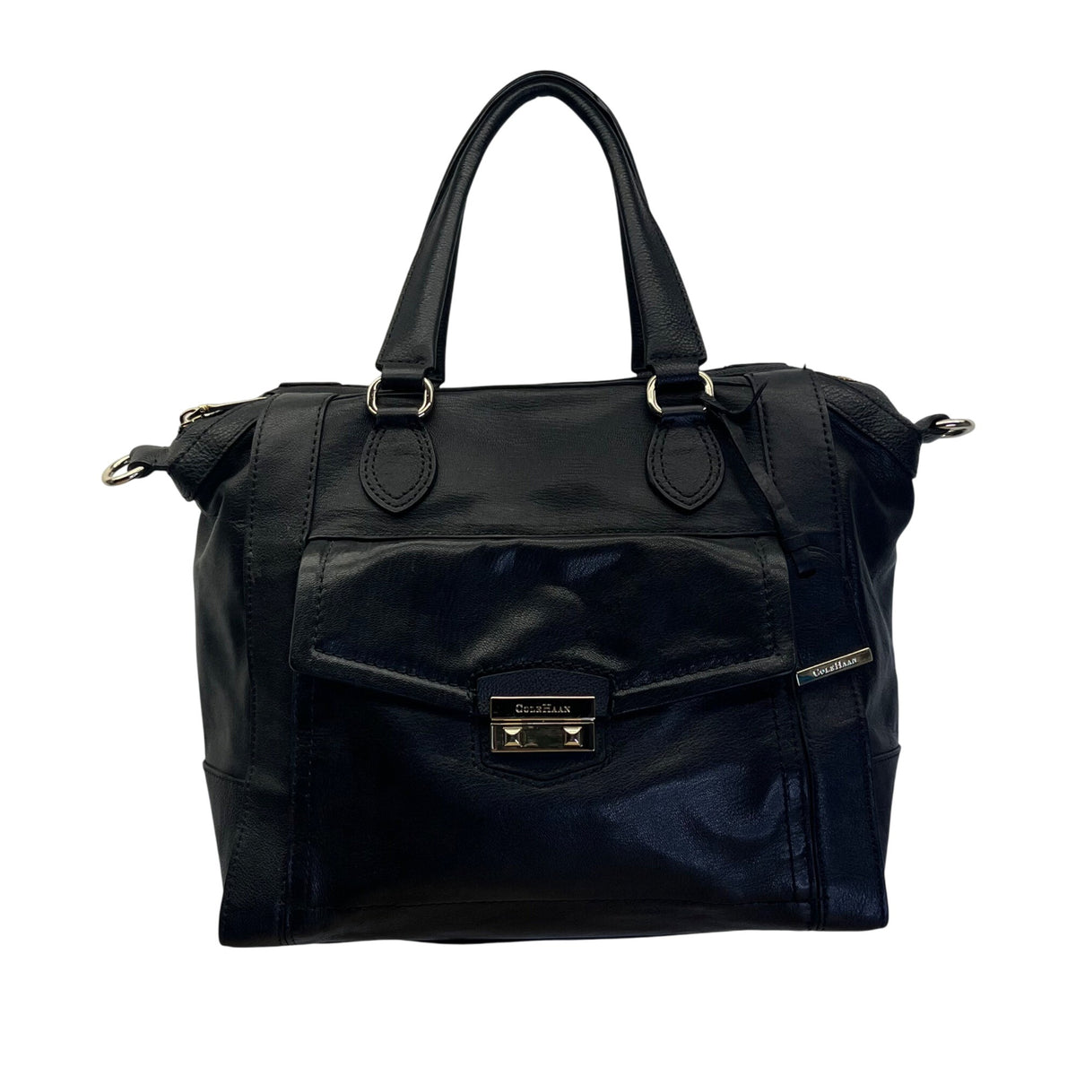Cole Haan Women’s Black Leather With Front Pocket & Dual Top Handles Satchel Bag