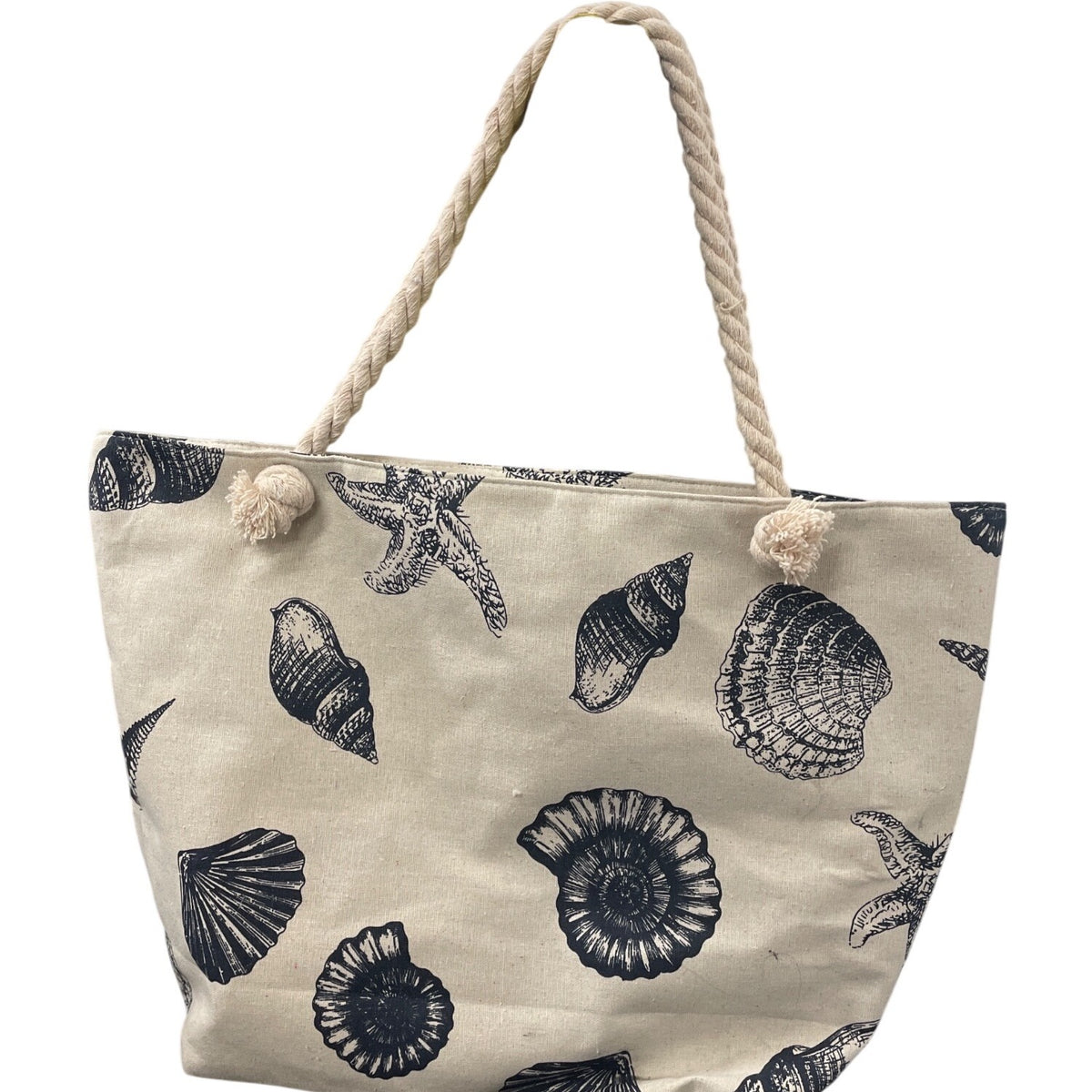 Nautical Seashell Print Beige Canvas Tote Bag With Rope Handles Zipper Closure Large