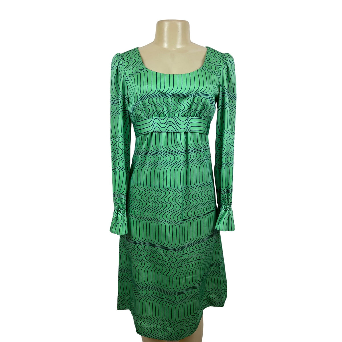 Unbranded Women's Green Blue Squared Collar Long Sleeve Dress