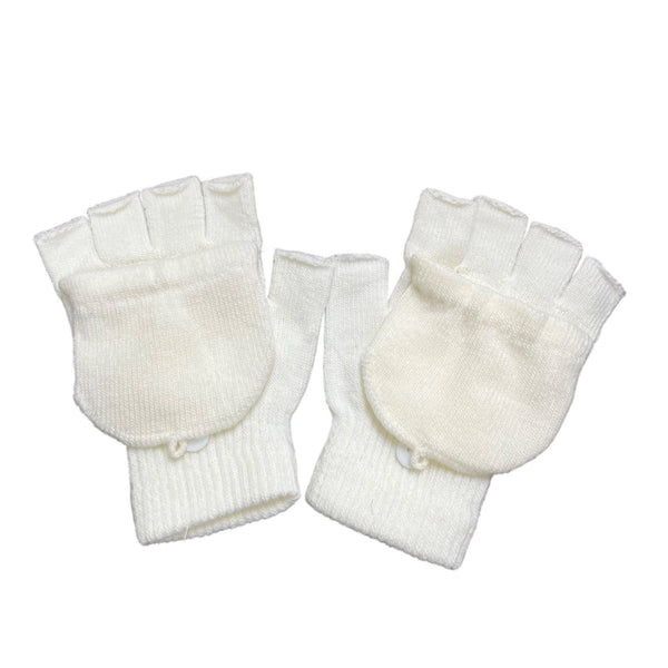 Knit Fingerless White Convertible Gloves Wool Blend Ribbed Unisex OS