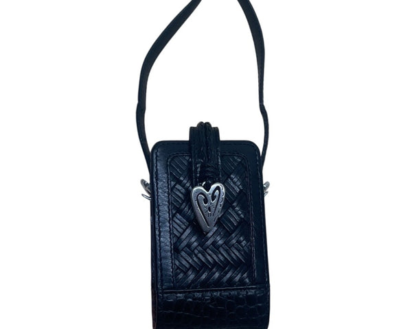 Brighton Black Woven Leather Plaid Interior & Silver Heart Accent Mini Bag Sz S