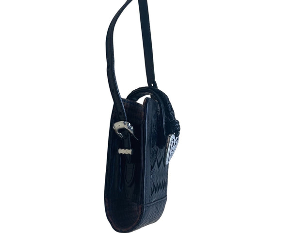 Brighton Black Woven Leather Plaid Interior & Silver Heart Accent Mini Bag Sz S