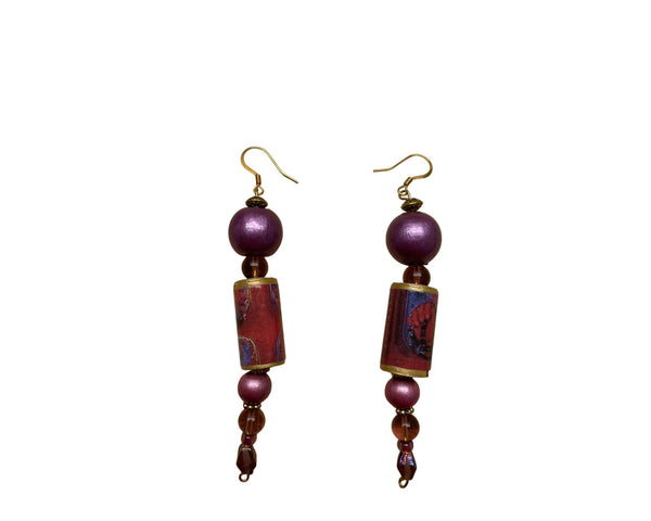 Handcrafted Beaded Drop Earrings With Purple & Red Accents