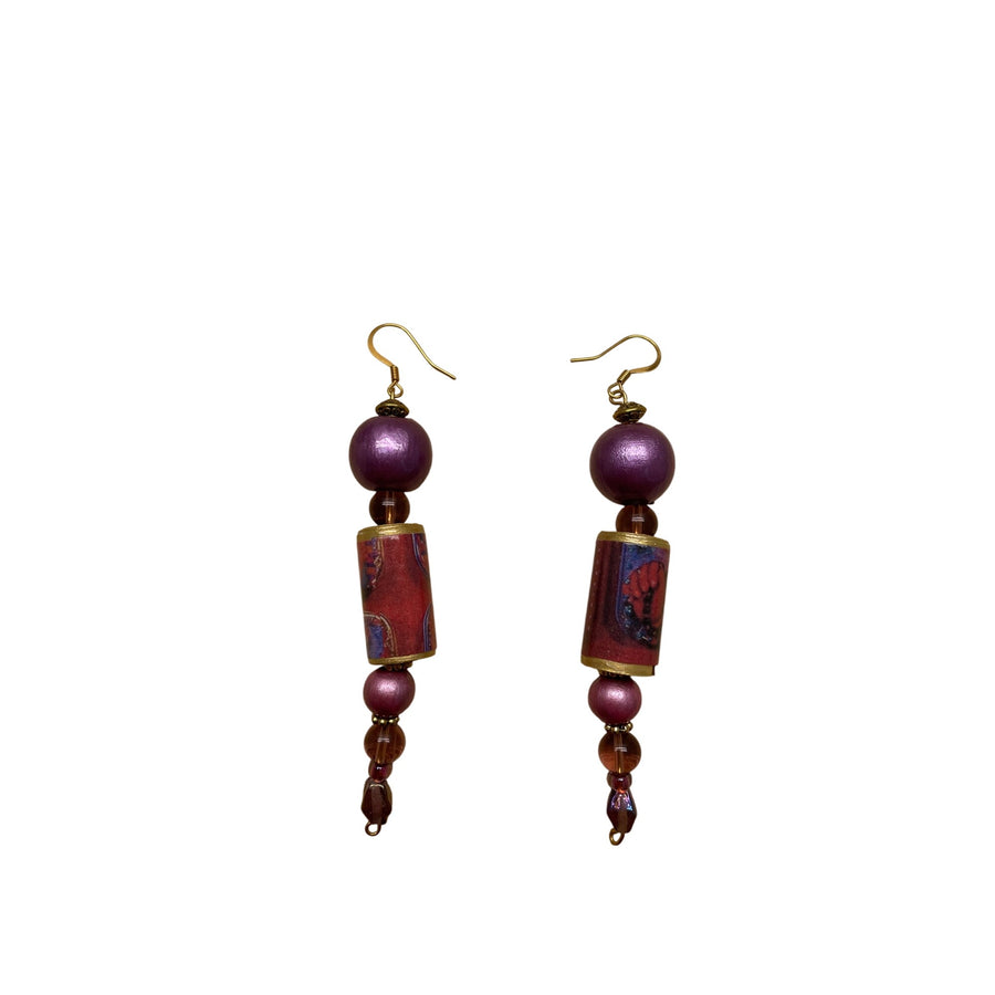 Handcrafted Beaded Drop Earrings With Purple & Red Accents