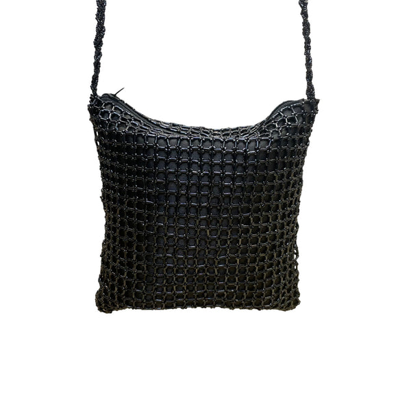 Handmade Women’s Black Beaded Squared Woven Pattern Long Strap Crossbody Bag