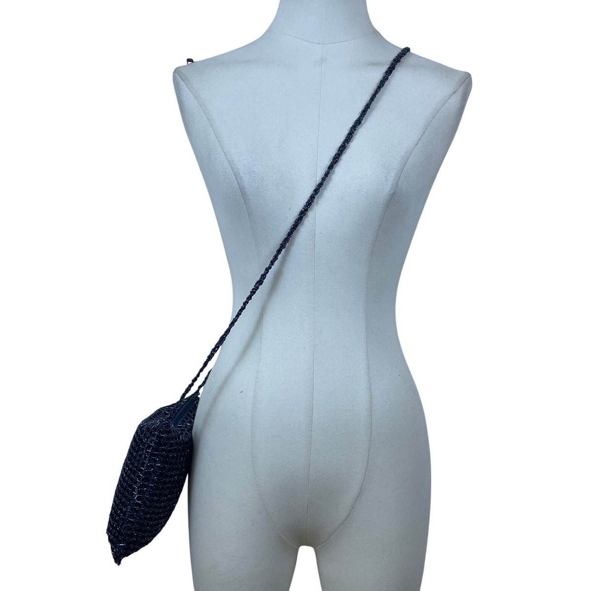 Handmade Women’s Black Beaded Squared Woven Pattern Long Strap Crossbody Bag