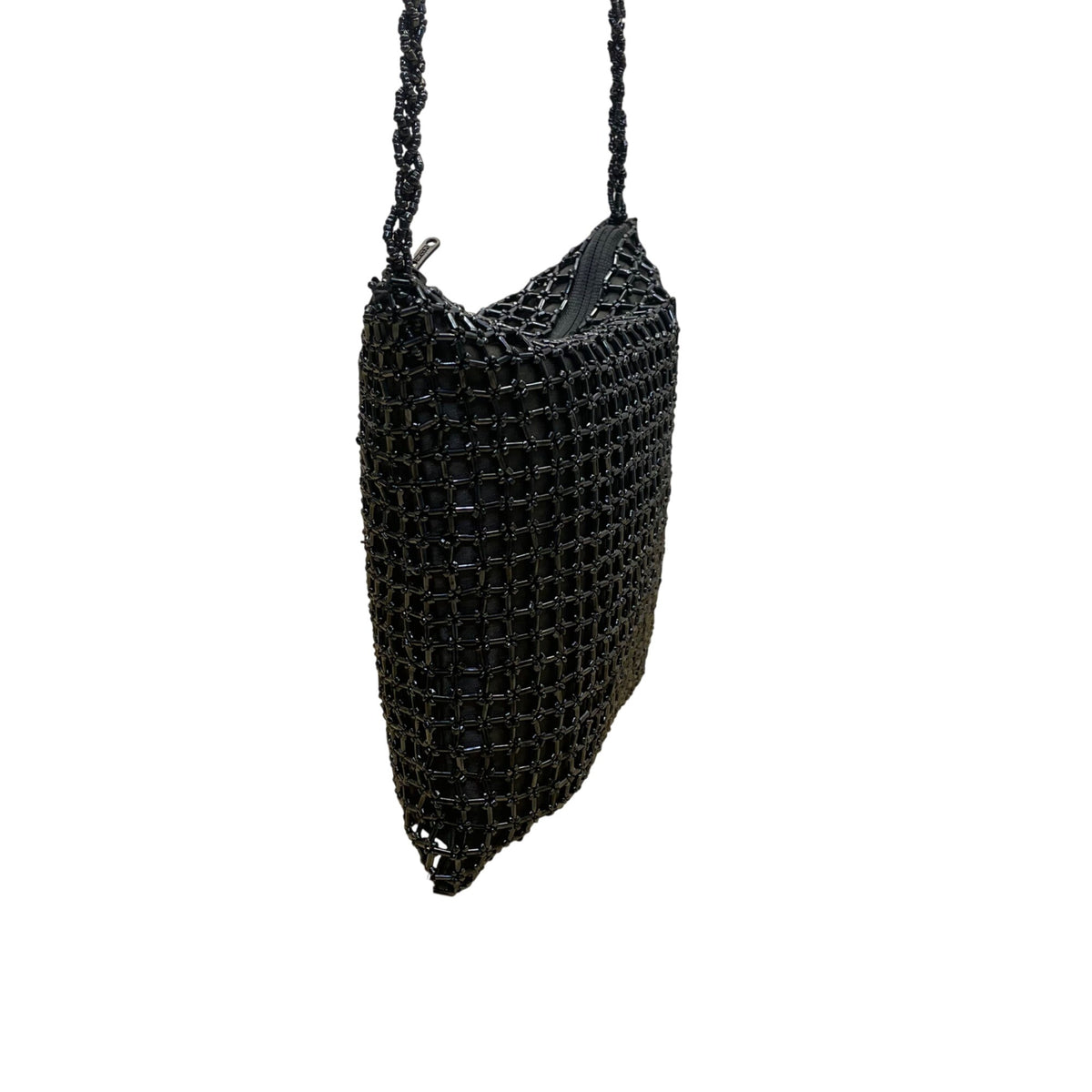 Handmade Women’s Black Beaded Squared Woven Pattern Long Strap Crossbody Bag