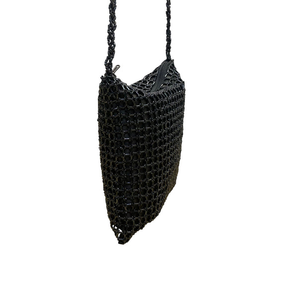 Handmade Women’s Black Beaded Squared Woven Pattern Long Strap Crossbody Bag