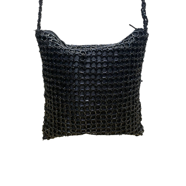 Handmade Women’s Black Beaded Squared Woven Pattern Long Strap Crossbody Bag