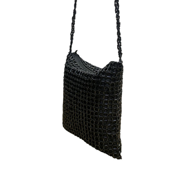 Handmade Women’s Black Beaded Squared Woven Pattern Long Strap Crossbody Bag