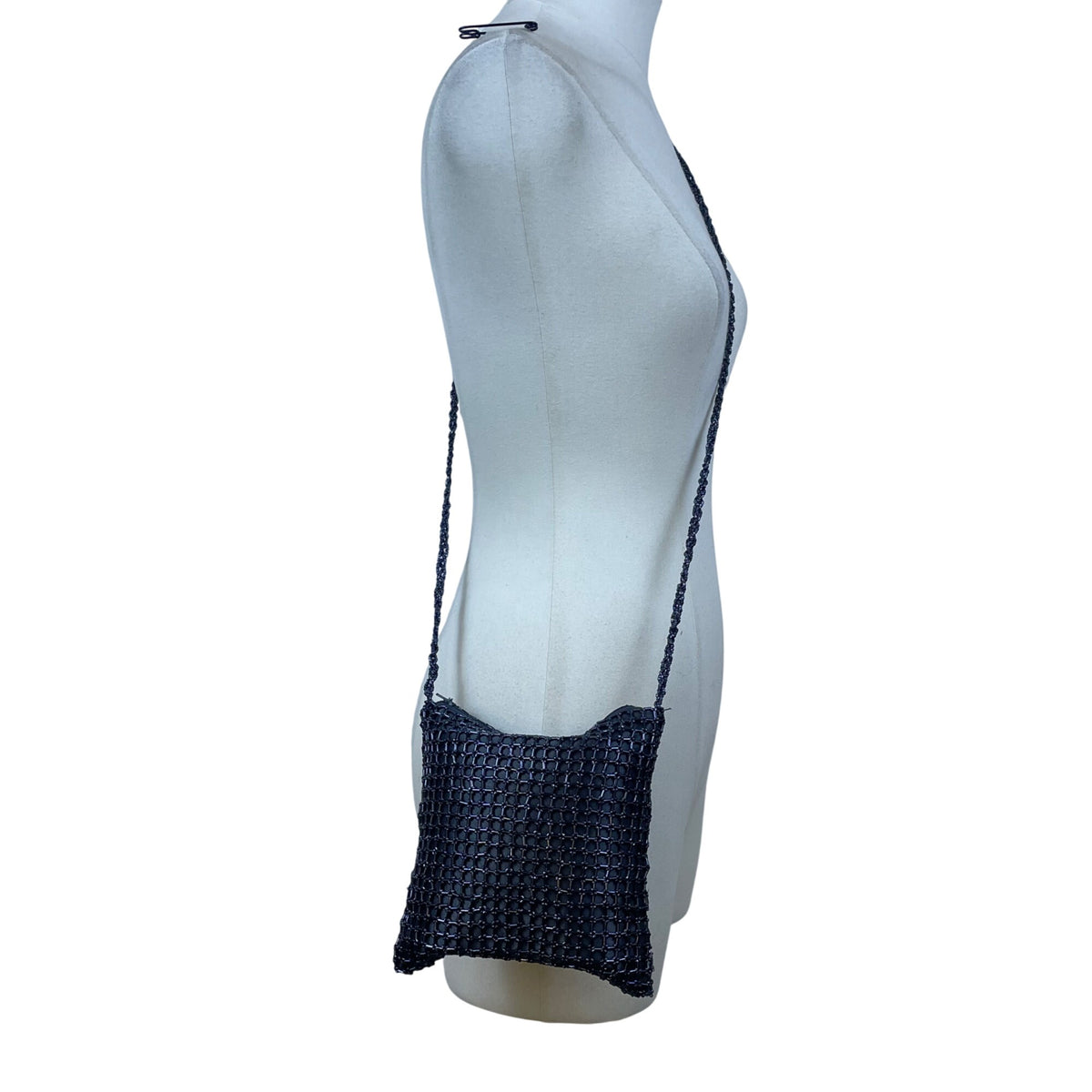 Handmade Women’s Black Beaded Squared Woven Pattern Long Strap Crossbody Bag