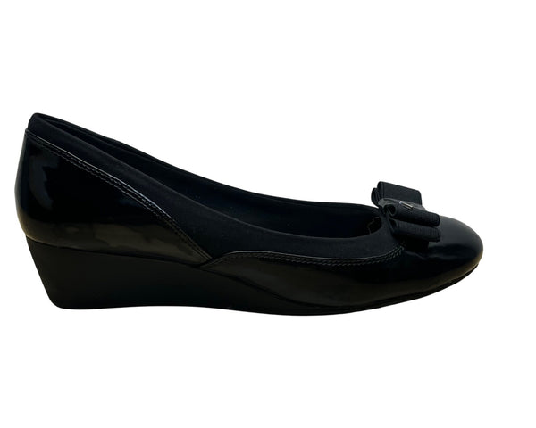 Anne Klein Sport Women’s Black Patent Leather Bow Slip-On Wedge Pumps Size 8.5M