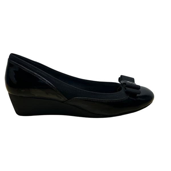 Anne Klein Sport Women’s Black Patent Leather Bow Slip-On Wedge Pumps Size 8.5M