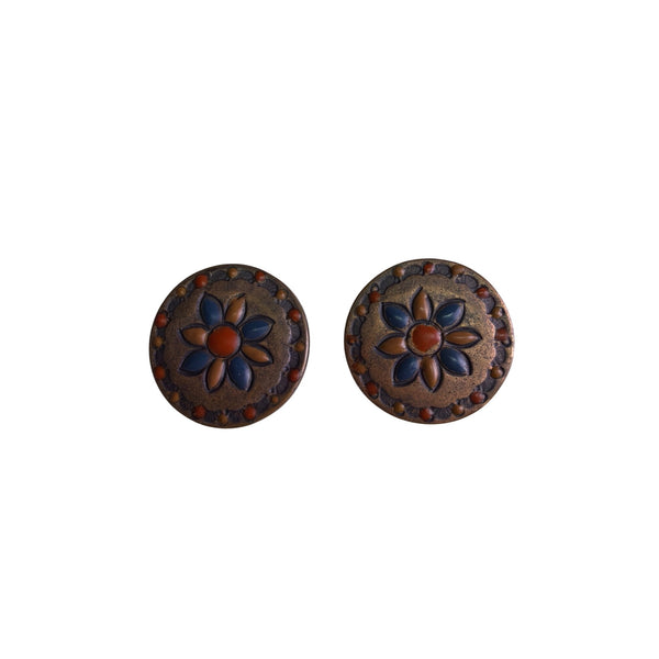 Vintage Womens Brown & Blue Enamel Brass Earrings Floral Round Clip On Jewelry