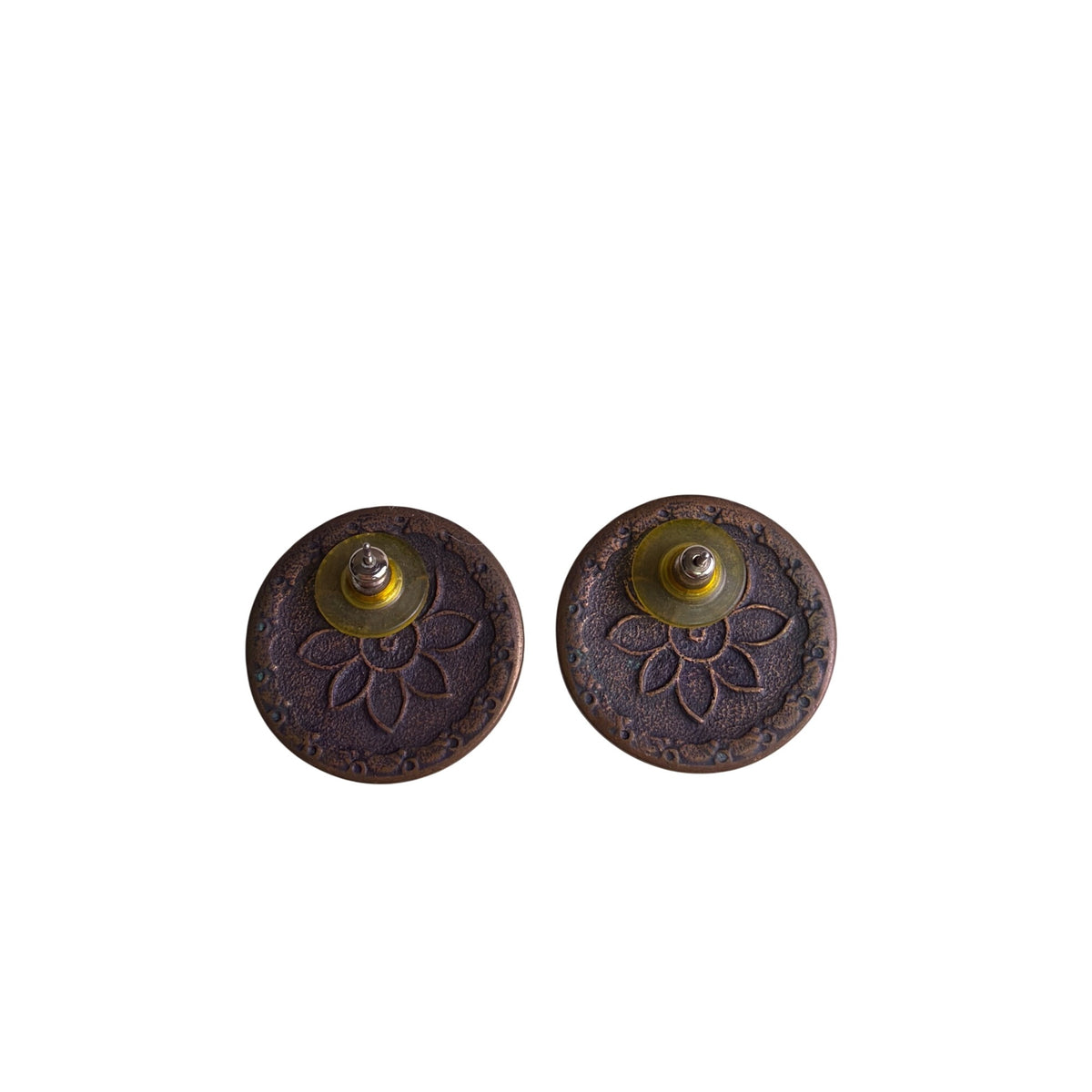 Vintage Womens Brown & Blue Enamel Brass Earrings Floral Round Clip On Jewelry