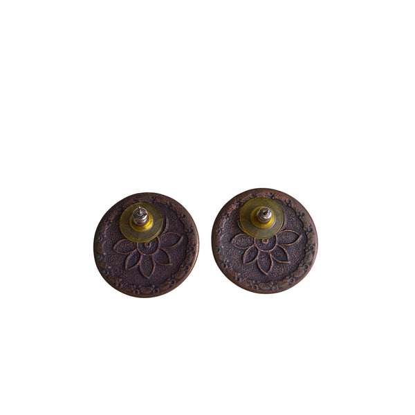 Vintage Womens Brown & Blue Enamel Brass Earrings Floral Round Clip On Jewelry