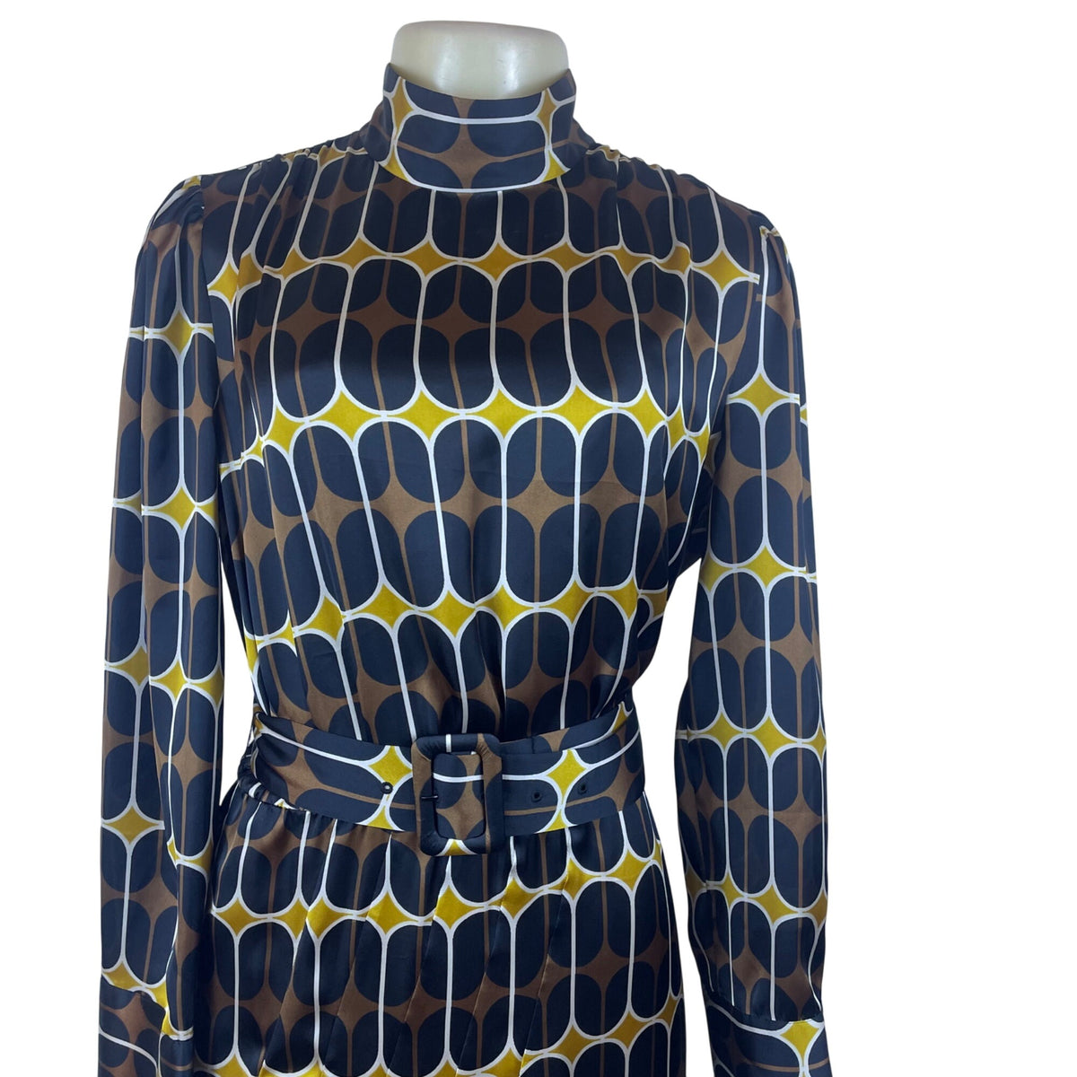 Zara Women's Multi-Color Geometric  Midi Dress Belted Long Sleeve Size S - New