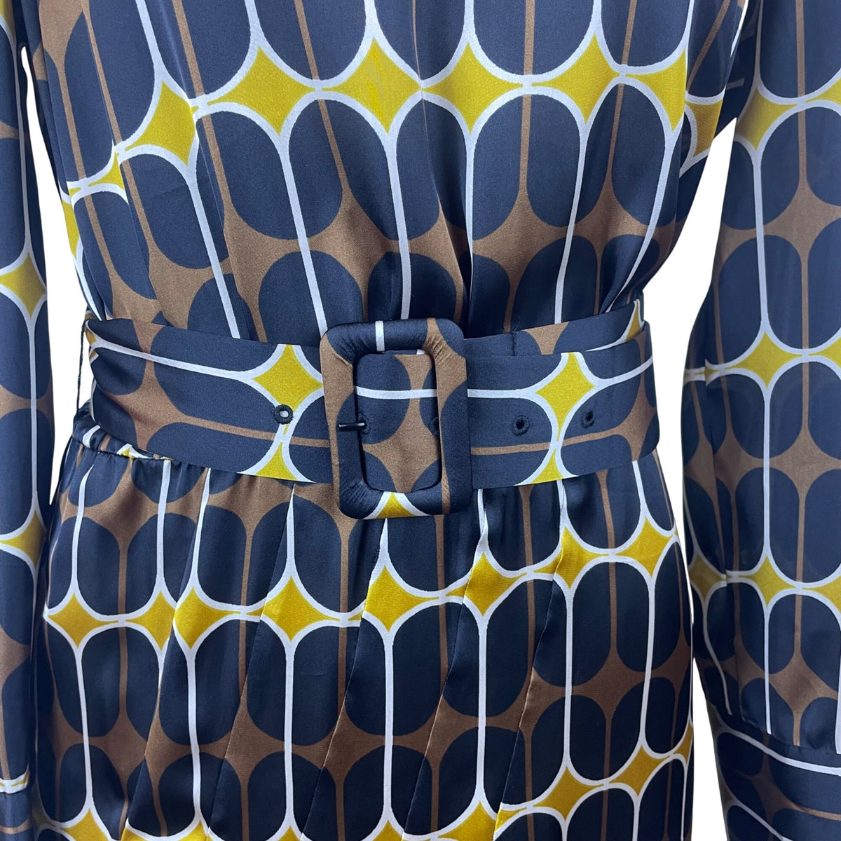 Zara Women's Multi-Color Geometric  Midi Dress Belted Long Sleeve Size S - New