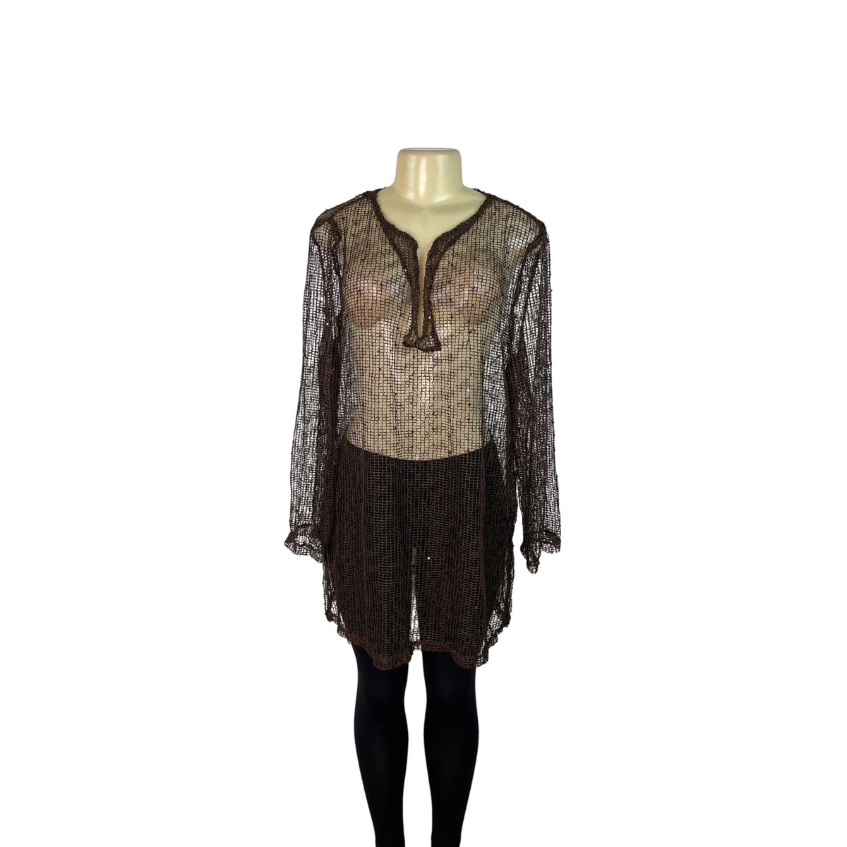 La Blanca Brown Crochet Cover-Up Dress Long Sleeves Lightweight Beachwear Sz XL