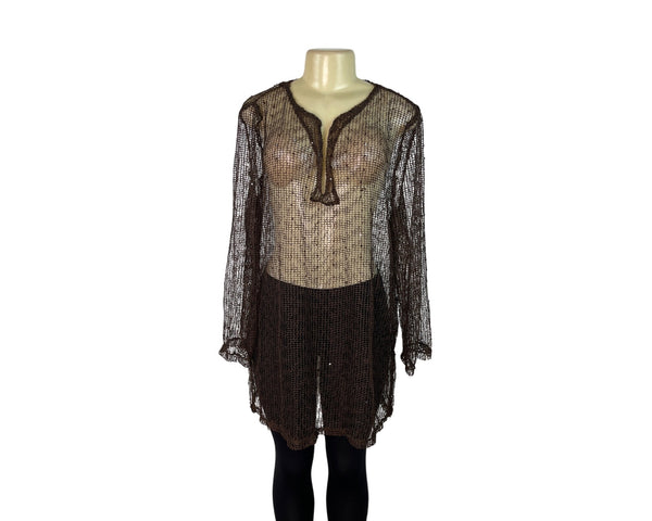 La Blanca Brown Crochet Cover-Up Dress Long Sleeves Lightweight Beachwear Sz XL