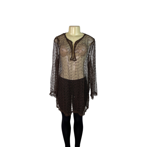 La Blanca Brown Crochet Cover-Up Dress Long Sleeves Lightweight Beachwear Sz XL