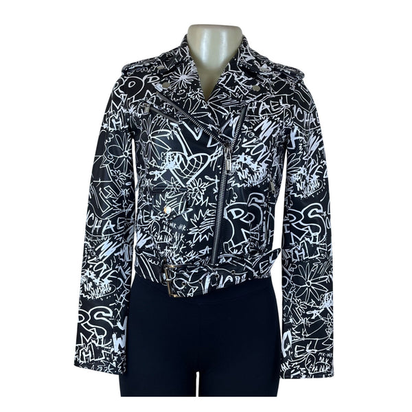 Michael Kors Womens Black & White Leather Graffiti Moto Jacket Size XXS