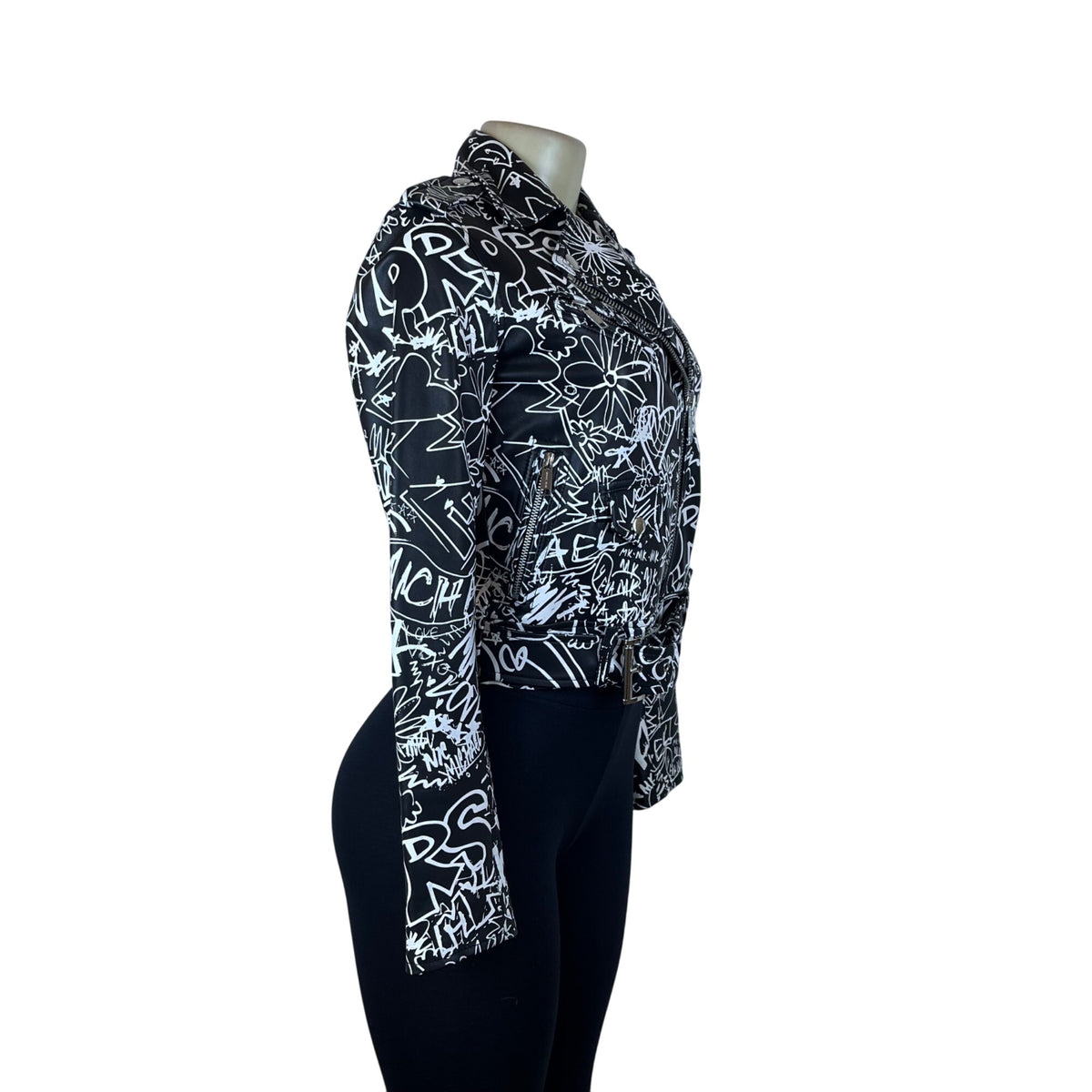 Michael Kors Womens Black & White Leather Graffiti Moto Jacket Size XXS
