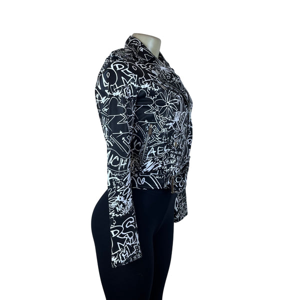 Michael Kors Womens Black & White Leather Graffiti Moto Jacket Size XXS