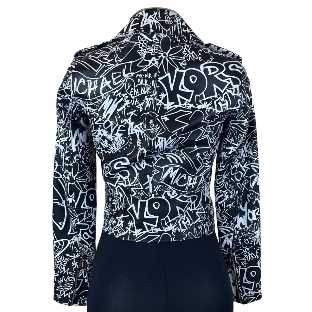 Michael Kors Womens Black & White Leather Graffiti Moto Jacket Size XXS