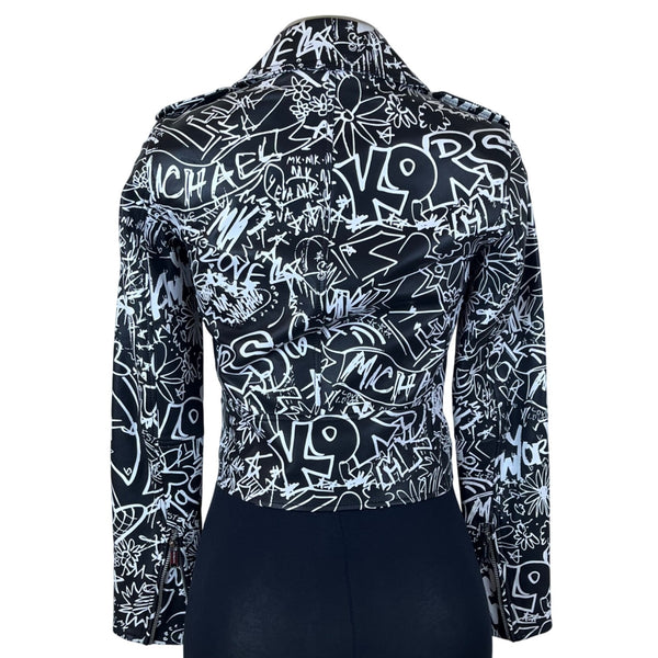 Michael Kors Womens Black & White Leather Graffiti Moto Jacket Size XXS