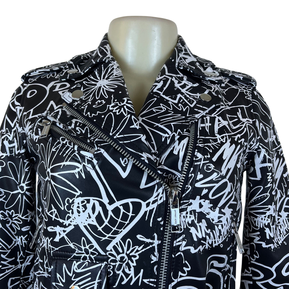 Michael Kors Womens Black & White Leather Graffiti Moto Jacket Size XXS