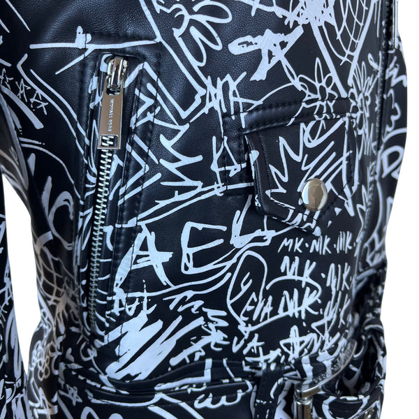 Michael Kors Womens Black & White Leather Graffiti Moto Jacket Size XXS
