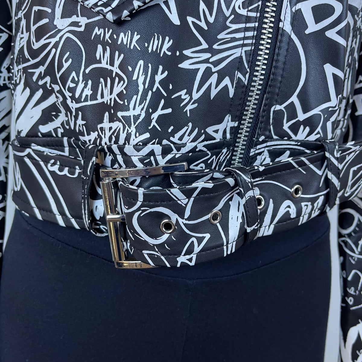 Michael Kors Womens Black & White Leather Graffiti Moto Jacket Size XXS