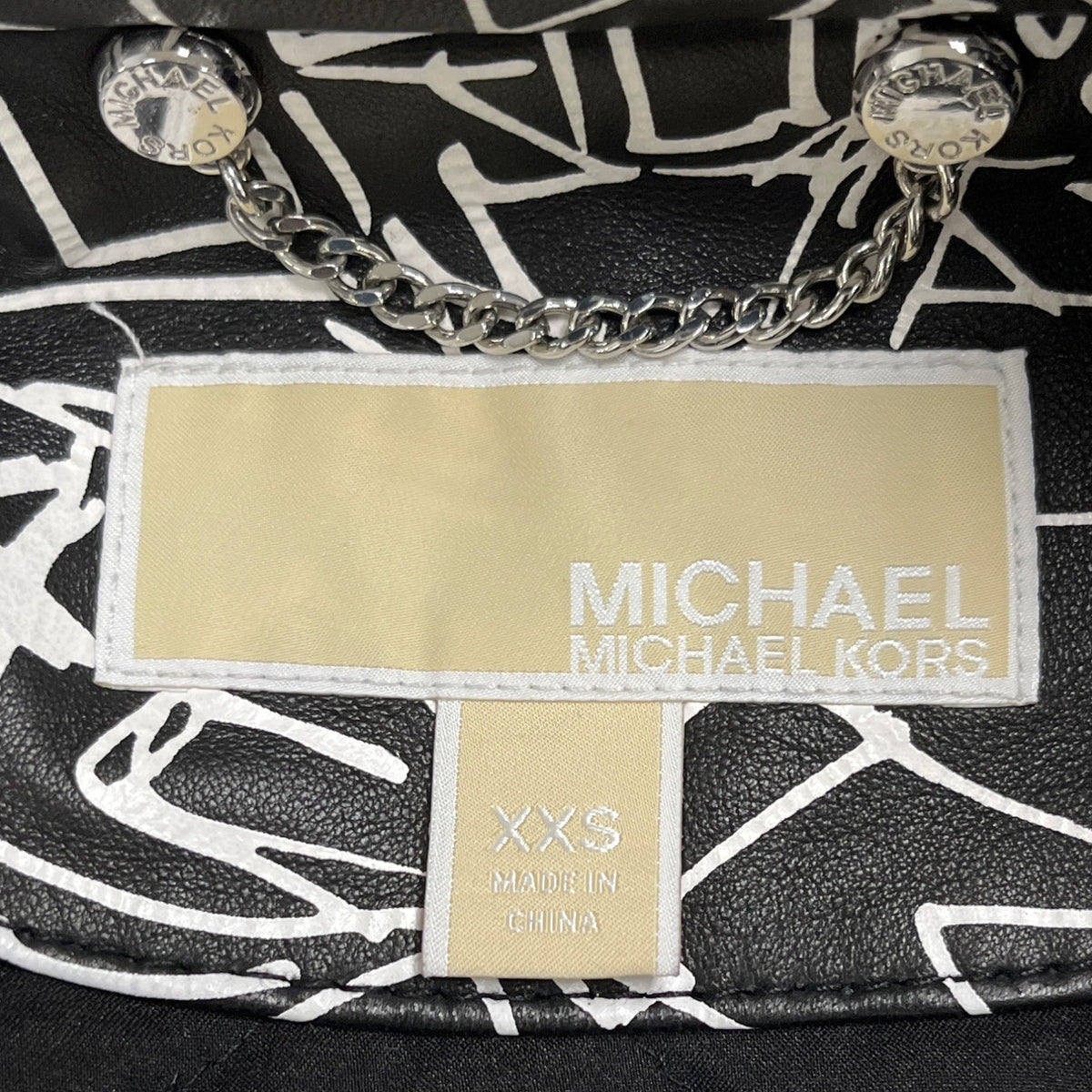 Michael Kors Womens Black & White Leather Graffiti Moto Jacket Size XXS