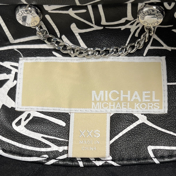 Michael Kors Womens Black & White Leather Graffiti Moto Jacket Size XXS