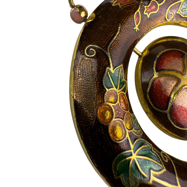 Cloisonné Enamel Brown Pendant With Tassel Florals & Pomegranate Motif