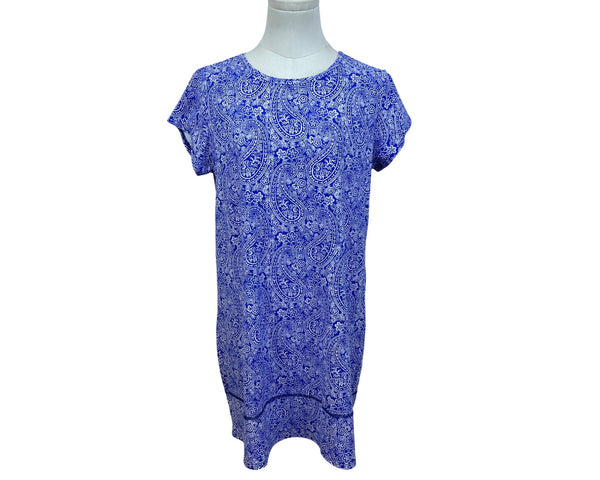 Lands End Womens Blue Paisley Dress Nylon Blend Short Sleeve M 10-12