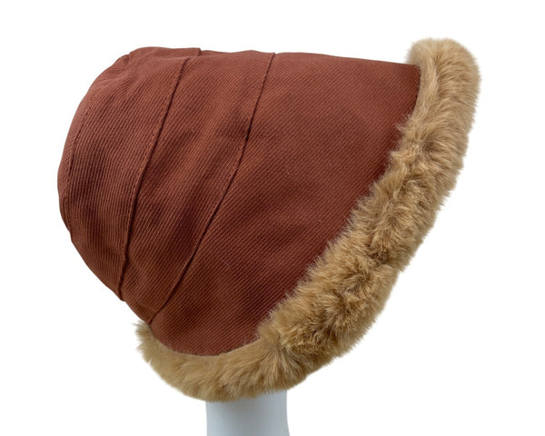 Vintage Rust Hat With Faux Fur Trim & Sherpa Lining