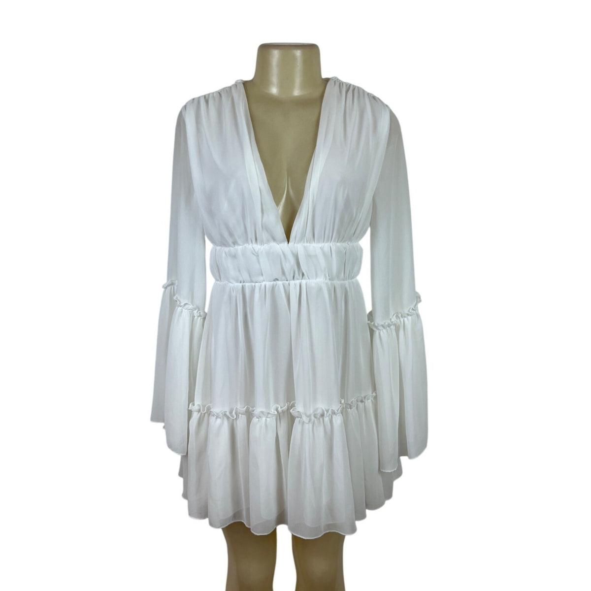 MISS ORD White Flowy Bell Sleeve Mini Dress With Deep V-Neck & Ruffle Sz S