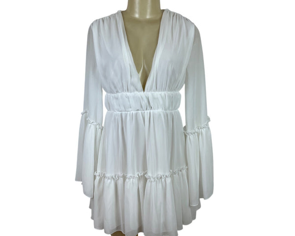 MISS ORD White Flowy Bell Sleeve Mini Dress With Deep V-Neck & Ruffle Sz S