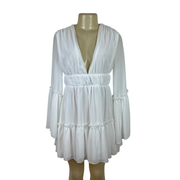 MISS ORD White Flowy Bell Sleeve Mini Dress With Deep V-Neck & Ruffle Sz S